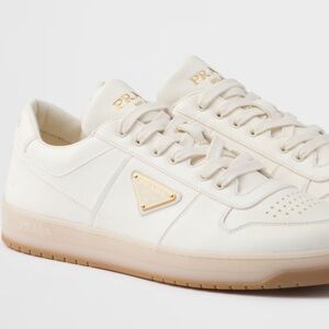 Prada Downtown Ivory Nappa Leather Gold Logo Flat Low Top Trainer Sneaker 41